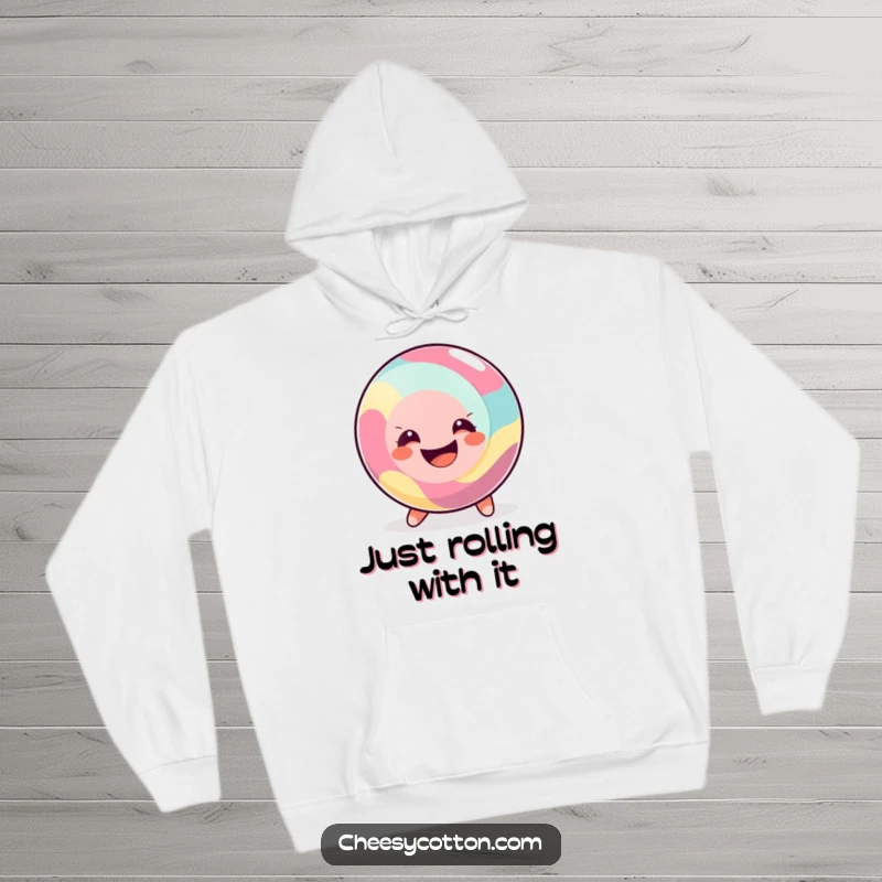 Funny Hoodie featuring a happy, round candy character rolling along merrily with a big smile, radiating warmth and sweetness.