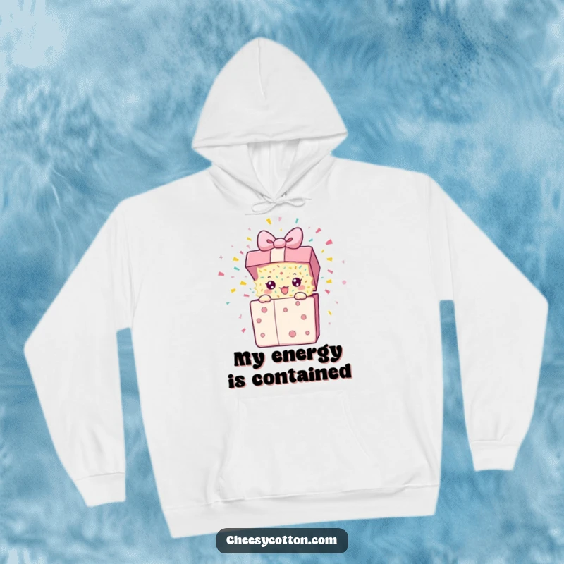 Funny Hoodie depicting a jubilant present character launching a confetti blast, perfect for cozy, humorous wear.