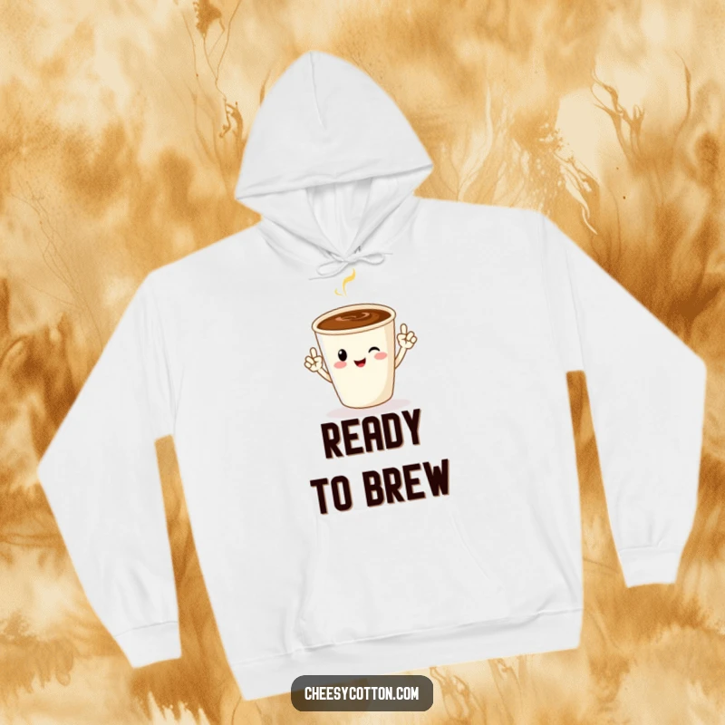 Funny hoodie featuring a cheerful coffee cup character doing jazz hands, perfect for staying warm and spirited.