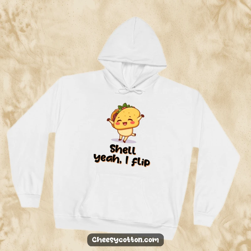 Funny Hoodie showcasing a cute kawaii taco character expertly performing a cartwheel with a cheeky wink, full of zest.
