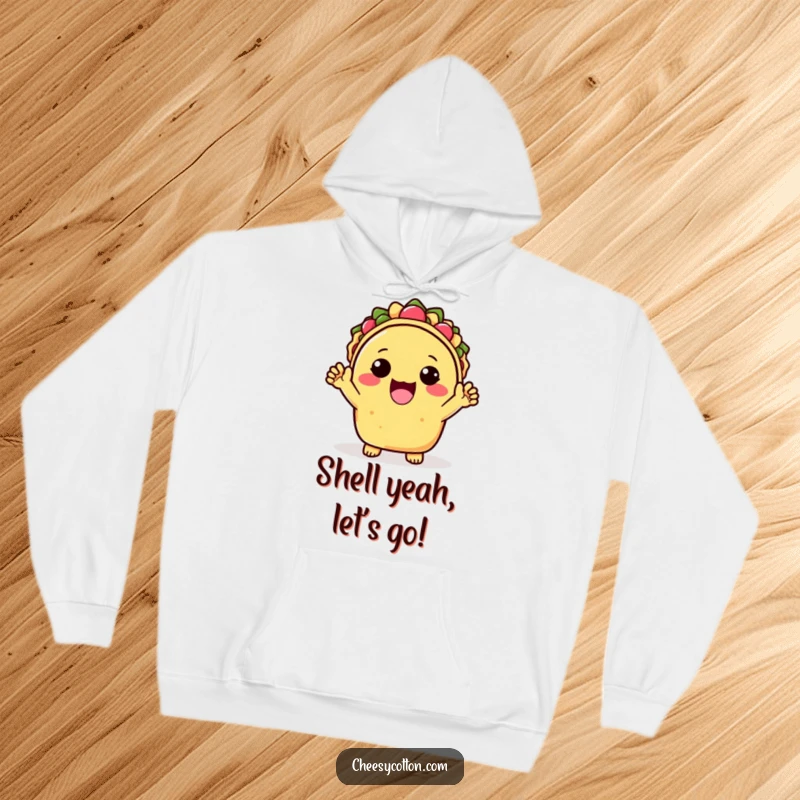 Funny Hoodie showcasing a delightful kawaii taco character raising both hands in a cheerful celebration, embodying pure happiness and taco appreciation.