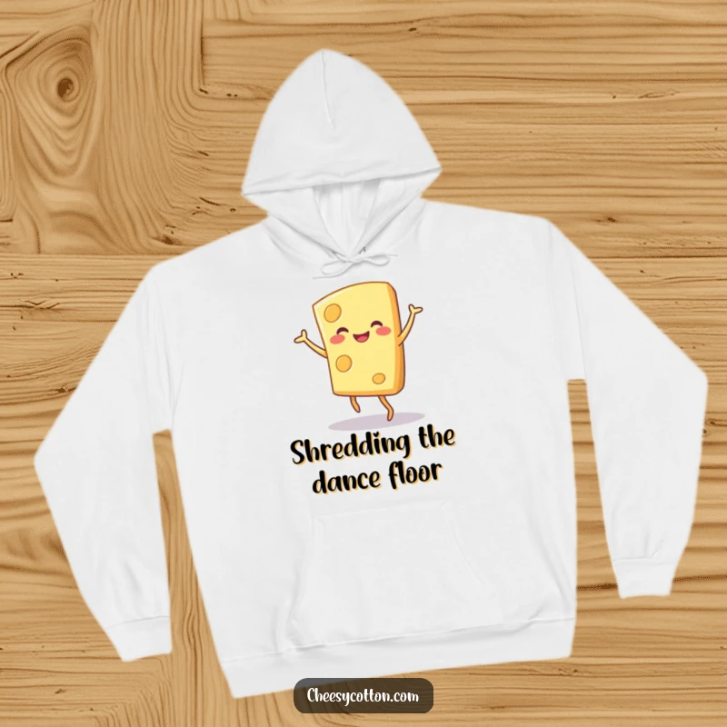 Funny smiling cheese character in a dancing pose, featured on a comfortable hoodie for a humorous and warm feel.