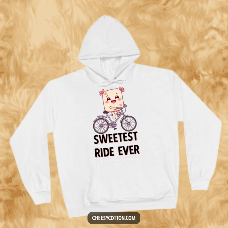 Funny Hoodie: A giggling candy on a tiny bicycle offers cozy comfort and whimsical charm, perfect for sweet, lighthearted enjoyment.