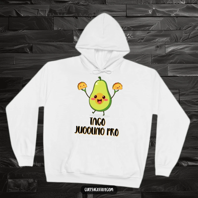 Funny cute avocado taco hoodie, juggling smiling tacos, offering warmth, humor, and foodie delight.