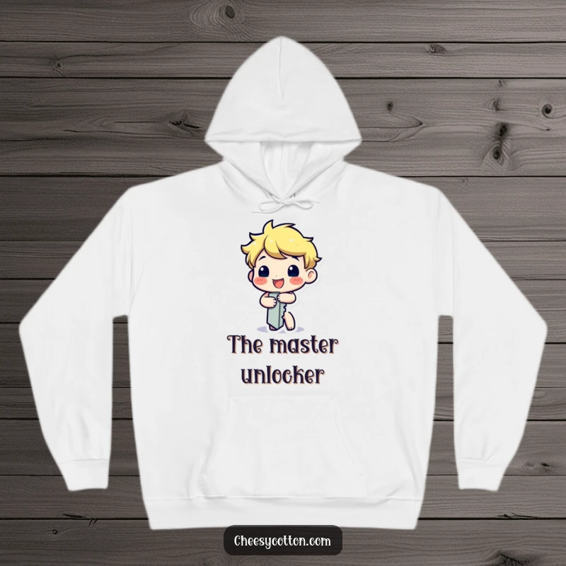 Funny hoodie featuring a happy key character cheerfully turning itself, offering comfort and a humorous twist.