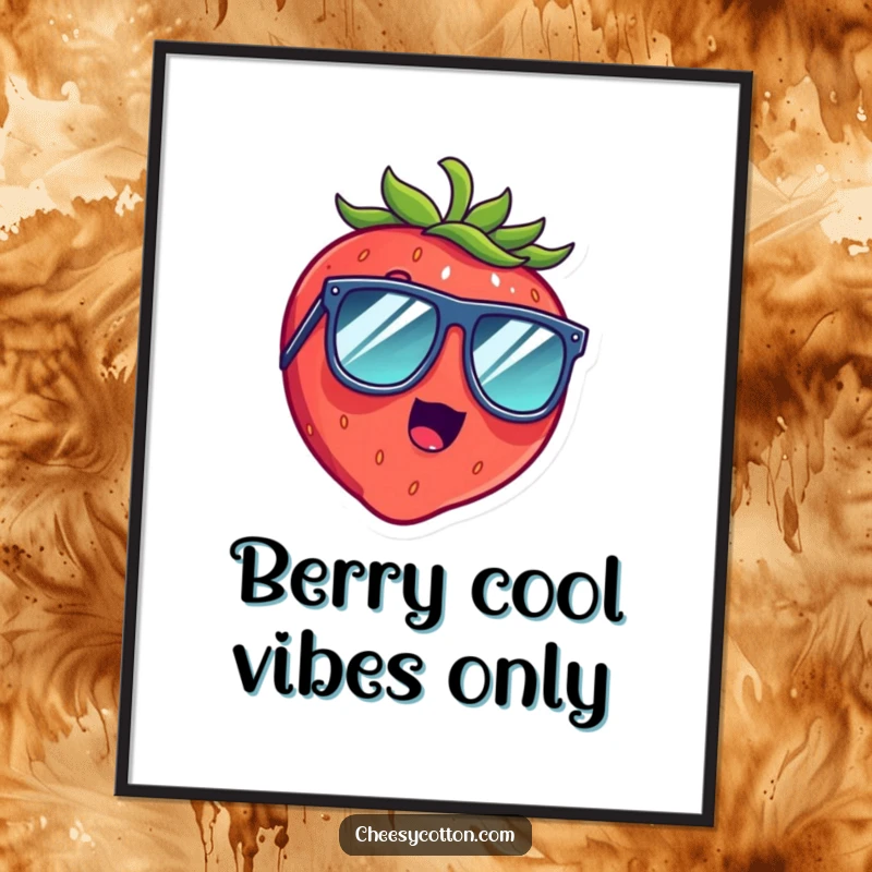Funny Free Printable Wall Art depicting a surprised strawberry wearing oversized sunglasses and giggling, adding a humorous touch to any room.