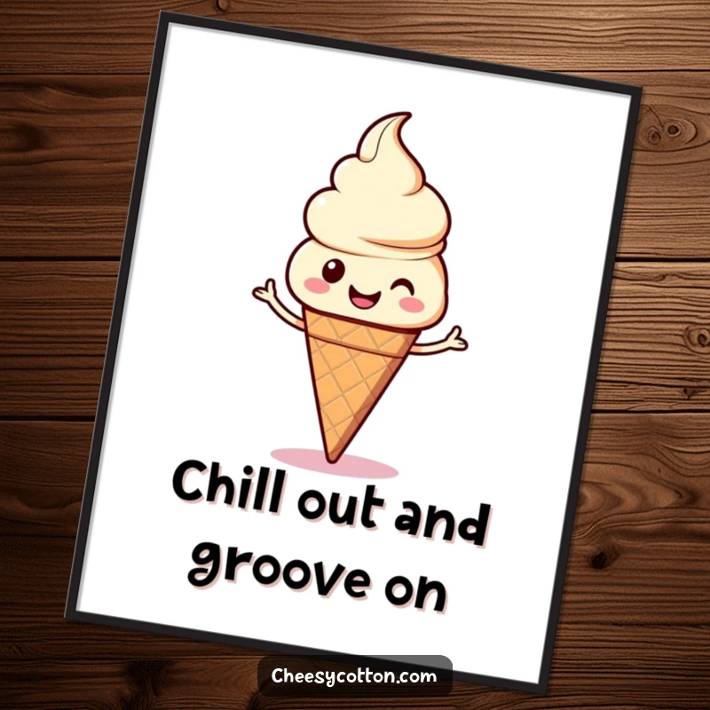 Funny Free Printable Wall Art: A kawaii ice cream cone with a beaming smile doing a silly dance, bringing joy and color.