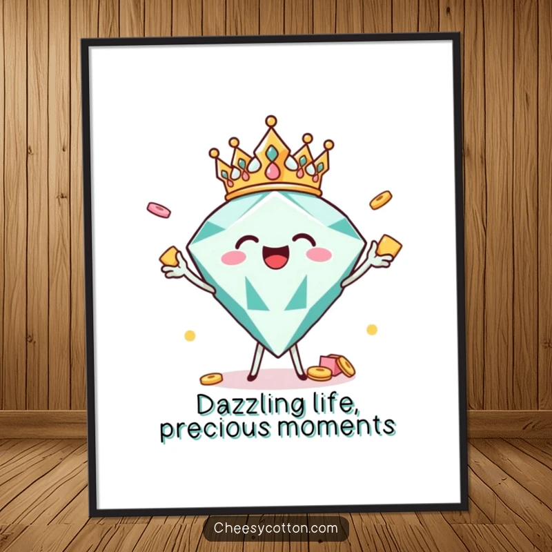 Funny Free Printable Wall Art: Joyful diamond character with crown and snacks, a glittering downloadable gift.