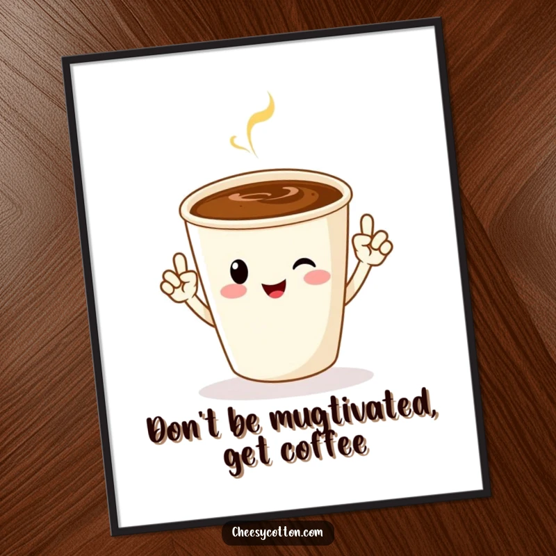 Funny Free Printable Wall Art: A cheerful coffee cup character energetically performs jazz hands, spreading good vibes.