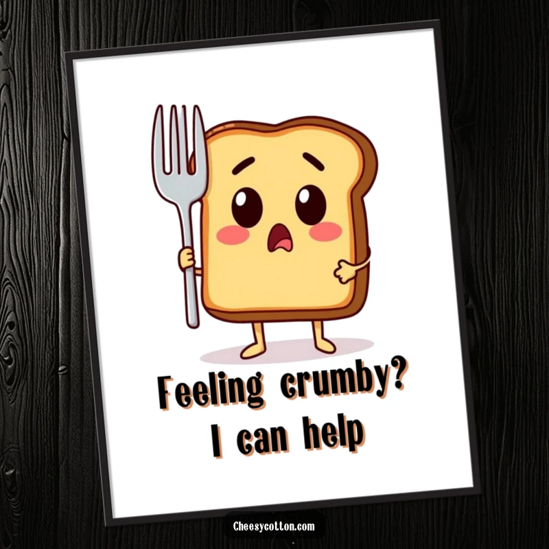 Funny Free Printable Wall Art: A piece of toast looks astonished, holding an enormous fork, ready for anything.