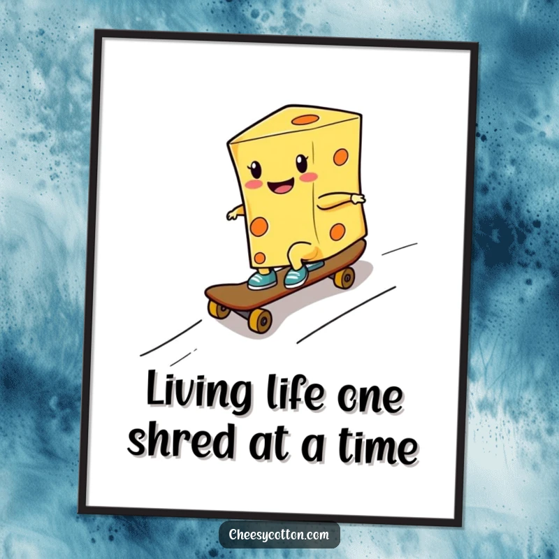 Funny Free Printable Wall Art: A cool cheese wedge character masterfully skateboarding down a ramp, exuding effortless style and fun.