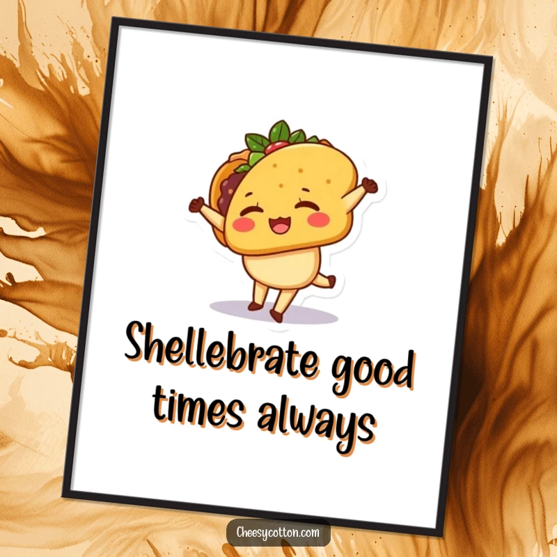 Funny free printable wall art of a kawaii taco character winking as it joyfully performs a cartwheel, full of life.