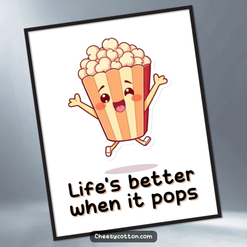 Funny Free Printable Wall Art: An animated popcorn bag character caught in an excited, high-flying leap, full of personality.