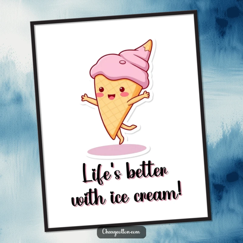 Funny Free Printable wall art of a cute ice cream cone character doing a cheerful cartwheel with joy.