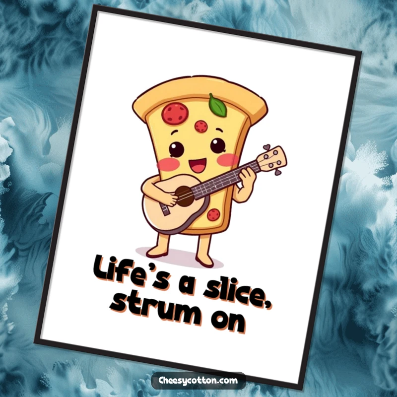 Funny Free Printable Wall Art: A cute pizza slice character joyfully plays a ukulele, spreading happy vibes.
