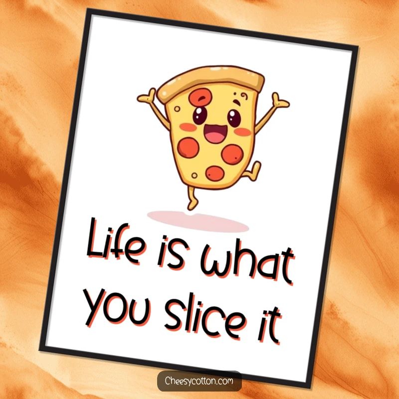 Funny Free Printable Pizza Wall Art featuring a cheerful slice doing a cartwheel, perfect for kitchens or dining areas.