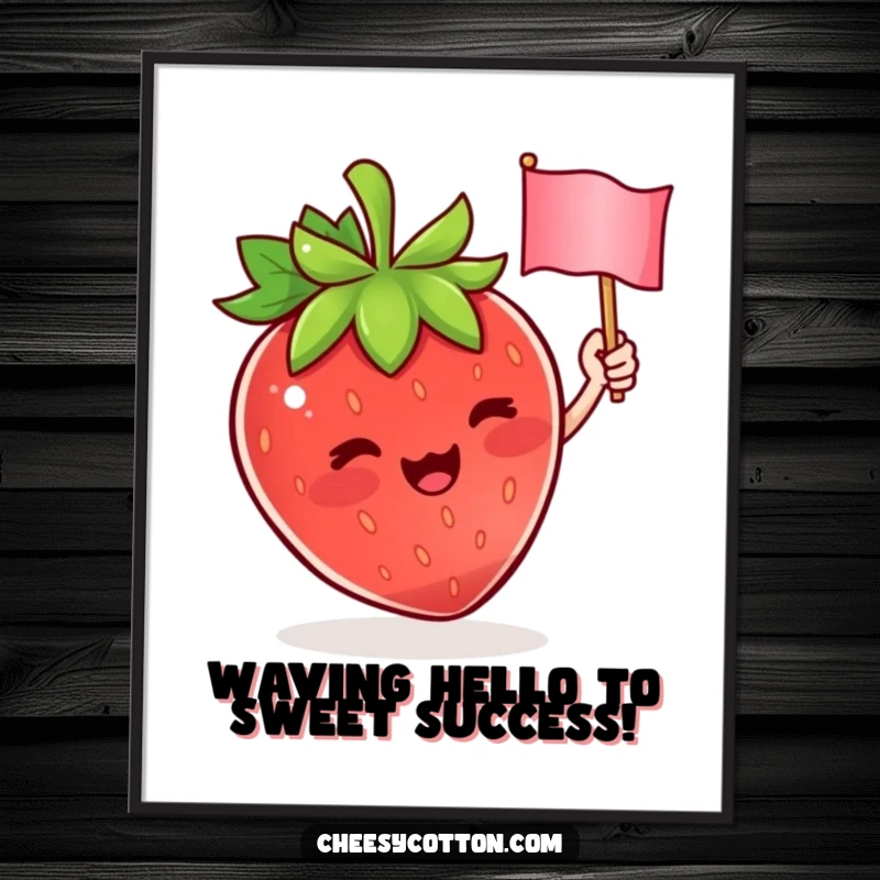 Funny Free Printable wall art of a cute strawberry character enthusiastically waving a tiny flag with a cheerful expression.