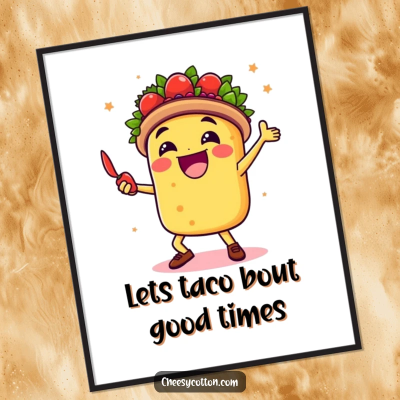 Funny Free Printable Wall Art: A cheerful taco character dancing energetically with a chili pepper, radiating pure joy and fiesta spirit.