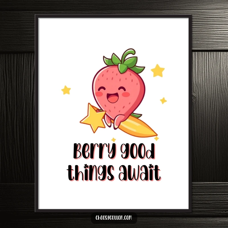 Funny free printable wall art: a cheerful strawberry character is excitedly riding a bright shooting star across the sky.