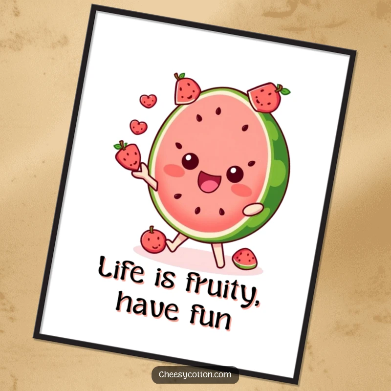 Funny Free Printable Wall Art: A cheerful watermelon slice character juggling various tiny fruits with great skill and a happy expression.