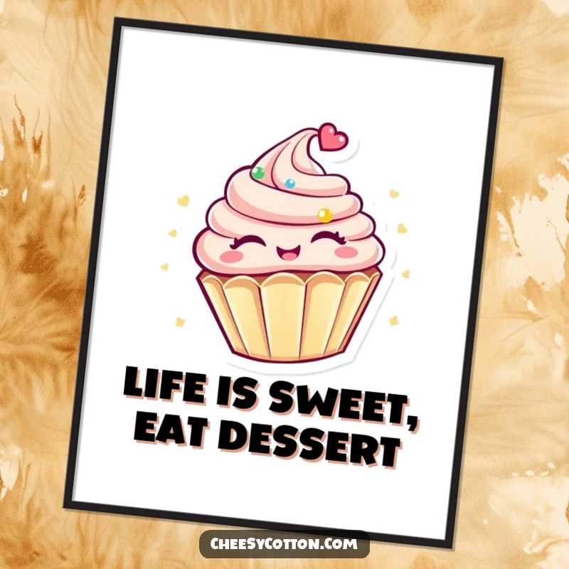 Funny Free Printable Wall Art: Kawaii cupcake character spinning happily with eyes closed, radiating pure bliss.
