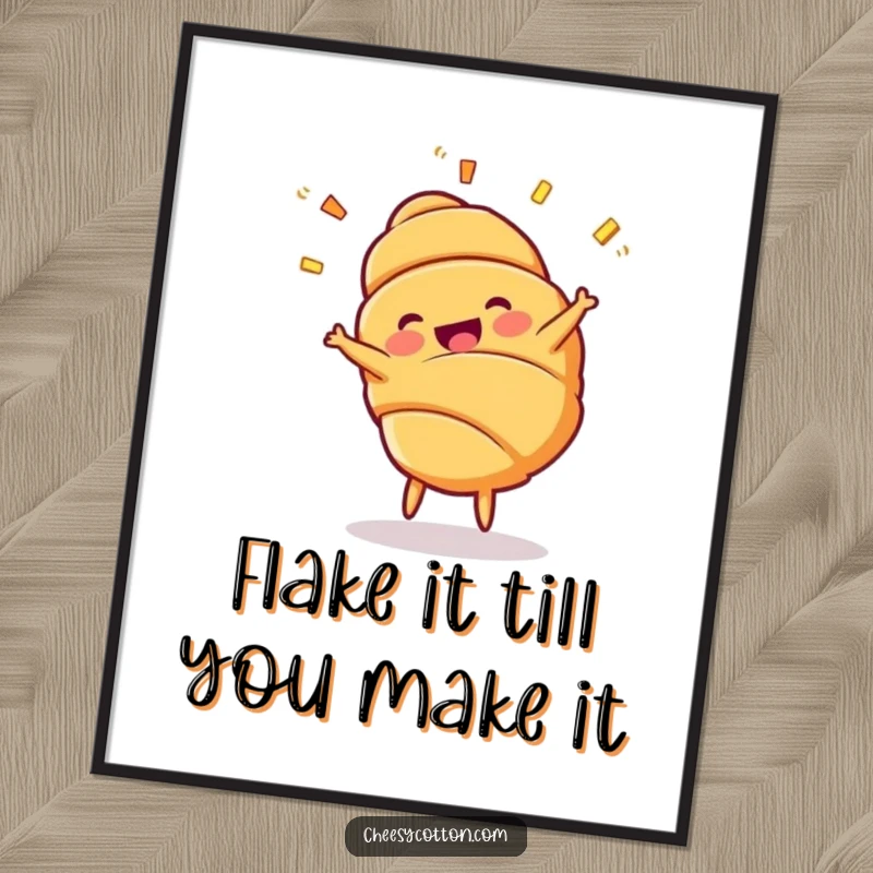 Funny Free Printable Wall Art: A cheerful croissant character mid-cartwheel with its flaky layers dramatically flying.