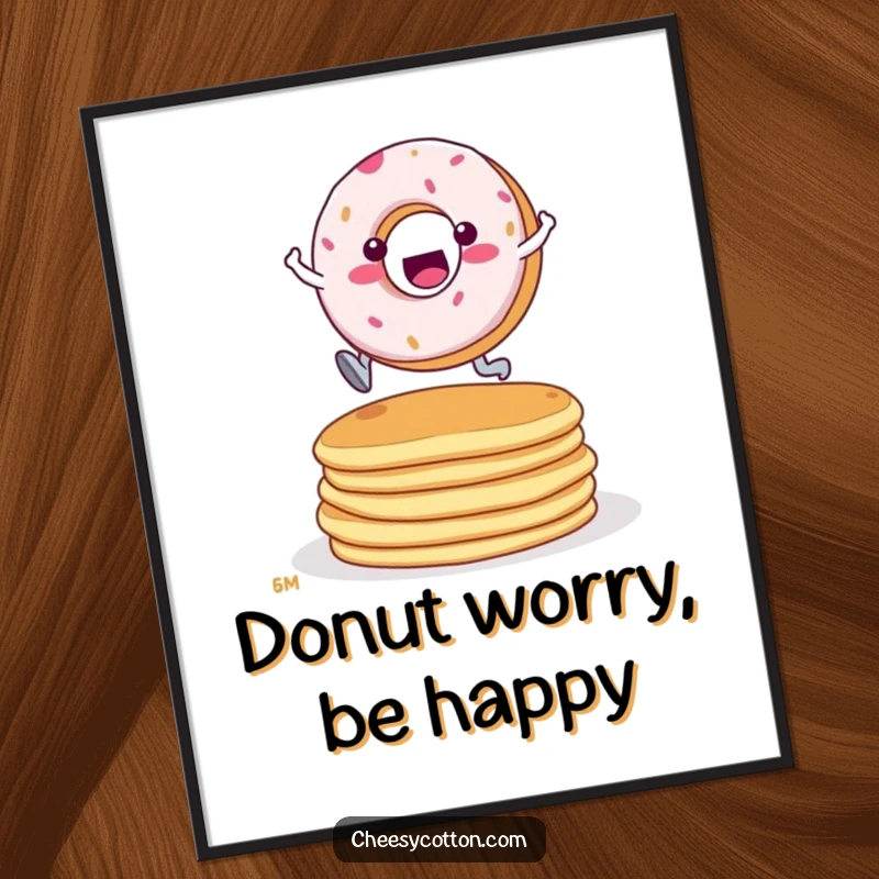 Funny Free Printable Wall Art: A determined donut character captured mid-leap over a towering stack of pancakes.