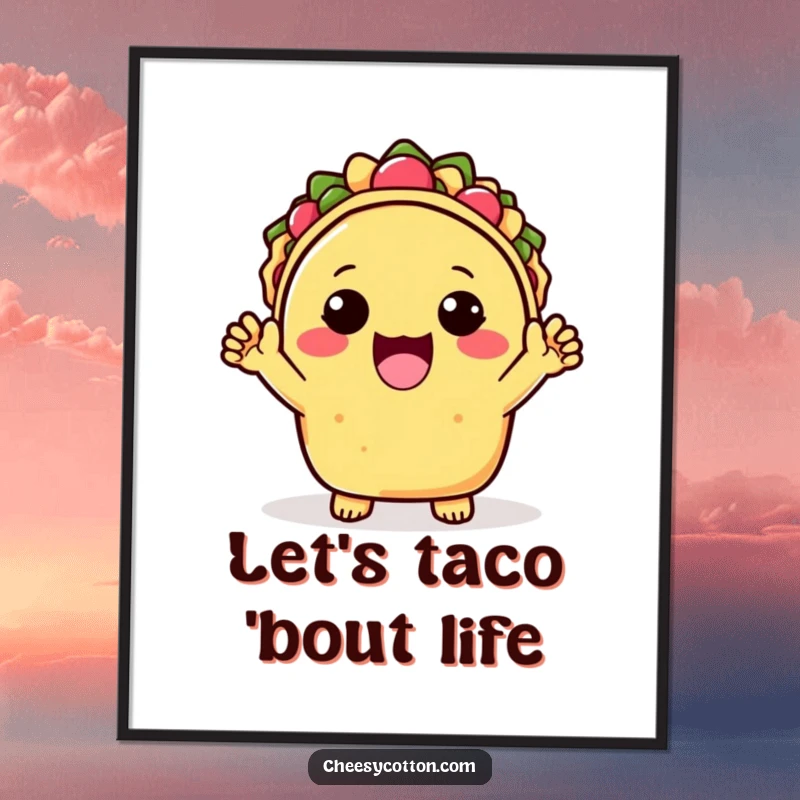 Funny Free Printable Wall Art of a vibrant Kawaii taco joyfully cheering with both hands raised, spreading positive vibes.