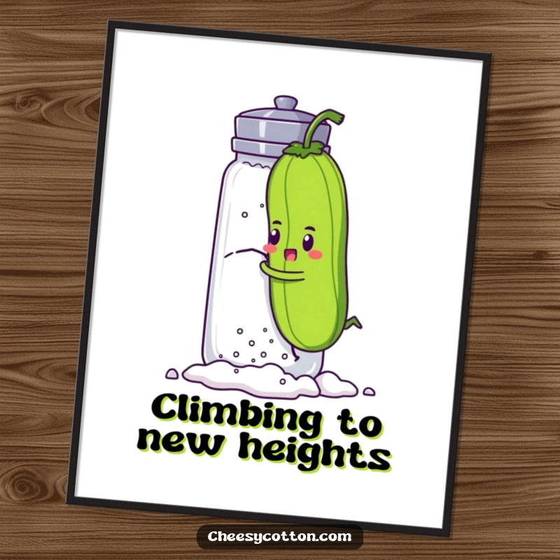 Funny Free Printable Wall Art: Determined pickle character hilariously attempting to ascend a colossal salt shaker.