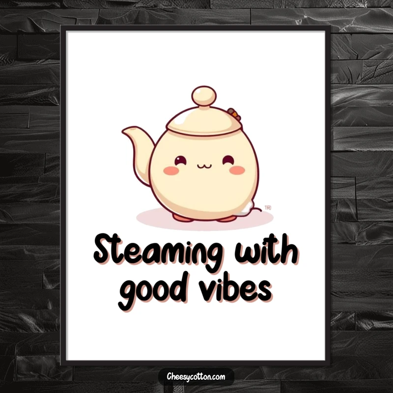 Funny Free Printable Wall Art: Shy teapot character cautiously peeking from behind a steaming teabag, adding decor.