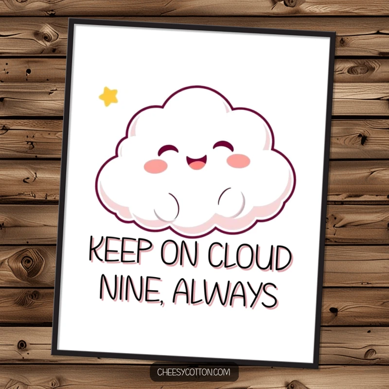 Funny Free Printable Wall Art: A kawaii cloud character with a joyful giggle, floating serenely upwards.
