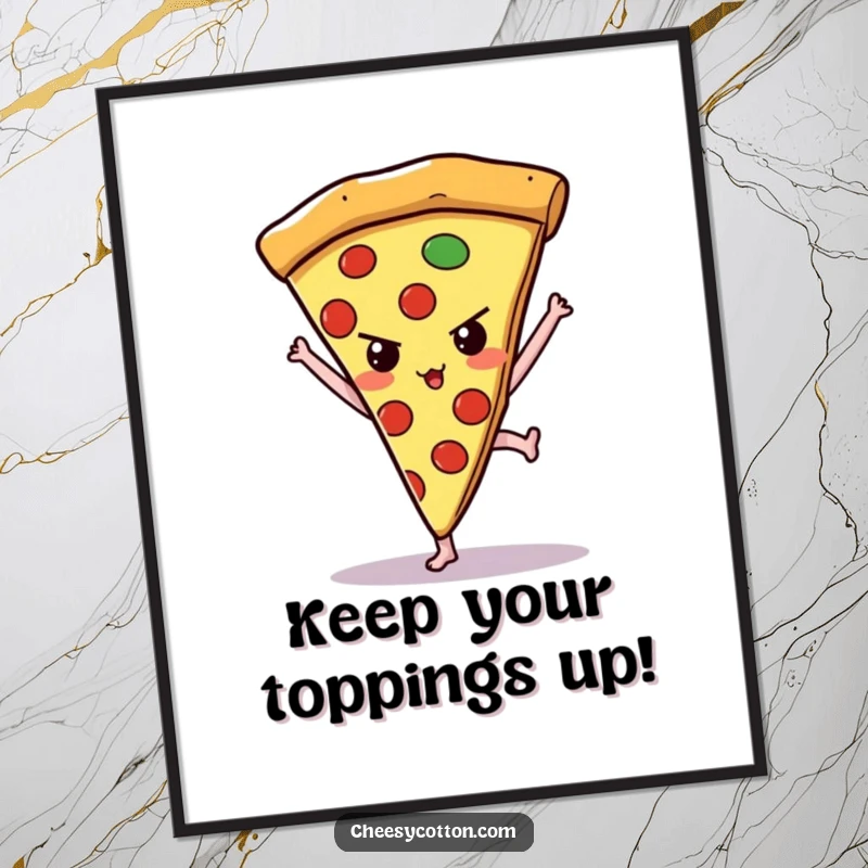 Funny Free Printable Wall Art: A kawaii pizza slice with a determined expression bravely attempting a handstand, adding quirkiness.