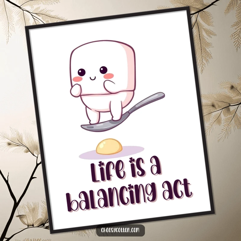Funny Free Printable Wall Art: Bouncy marshmallow character comically struggling to stay balanced on a miniature spoon.