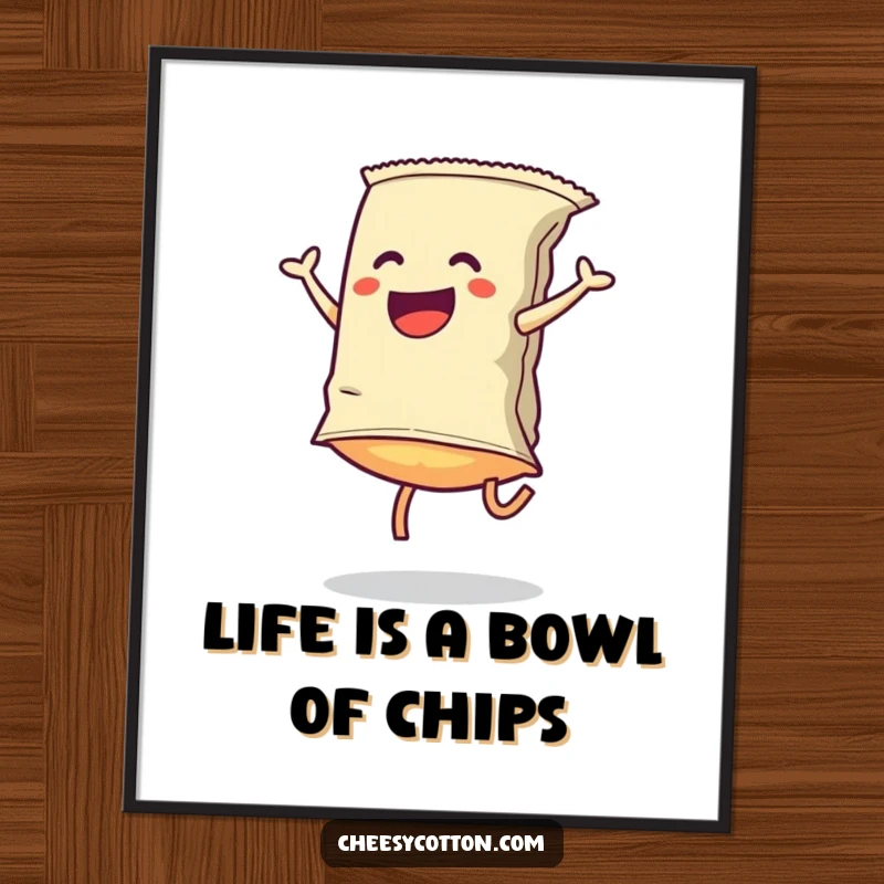 Funny Free Printable Wall Art: A cartwheeling bag of chips, radiating playful energy and humorous charm.