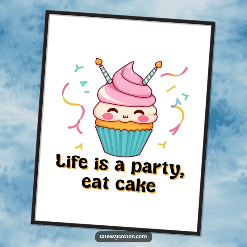 Funny Free Printable Wall Art: A vibrant cupcake character energetically blowing colorful party streamers, creating a festive atmosphere.