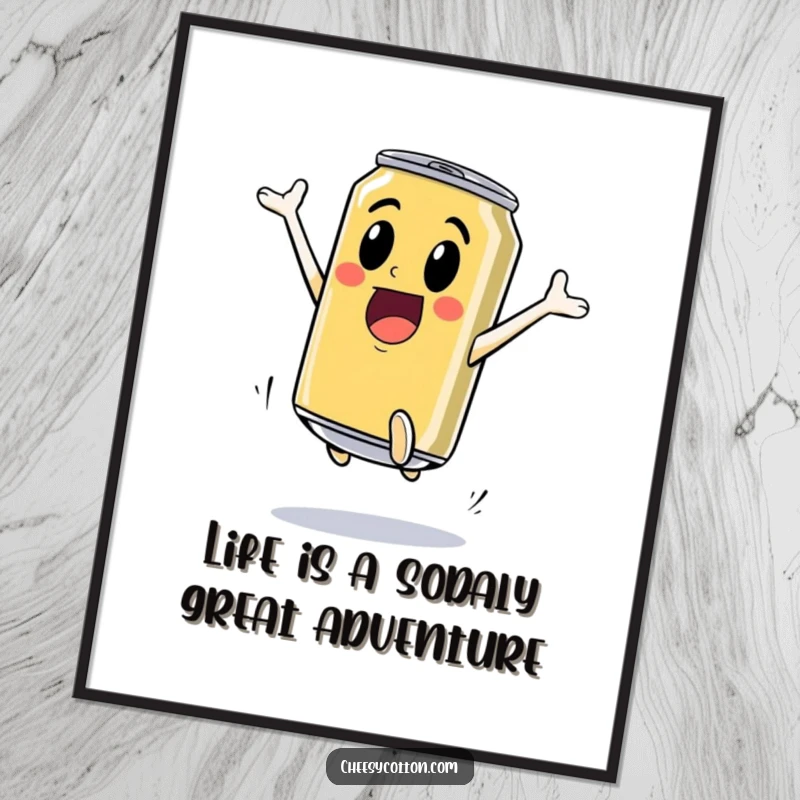 Funny Free Printable Wall Art: An excited soda can performing a gravity-defying high jump, full of zest.