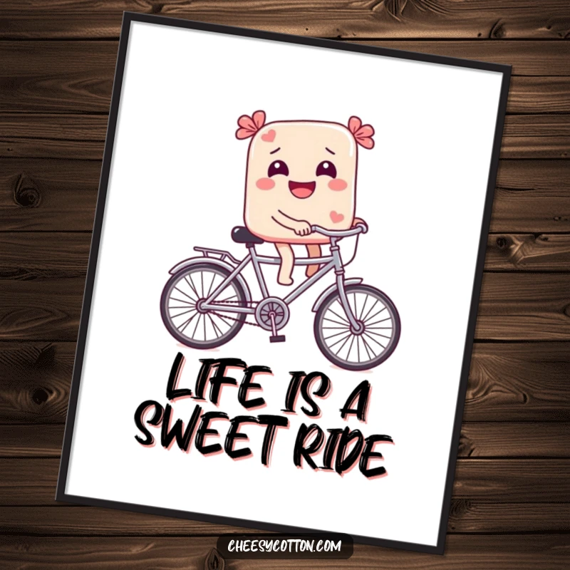 Funny Free Printable Wall Art: A giggling piece of candy hilariously riding a miniature bicycle, full of joy.