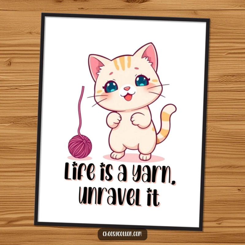 Funny free printable wall art of a cute kawaii cat character playfully swatting at a dangling ball of yarn with focused delight.
