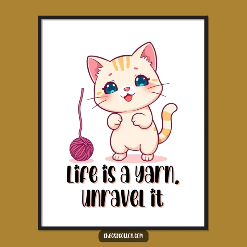 Free Printable Kawaii Cat Wall Art: Playful Yarn Swatting Downloadable Decor