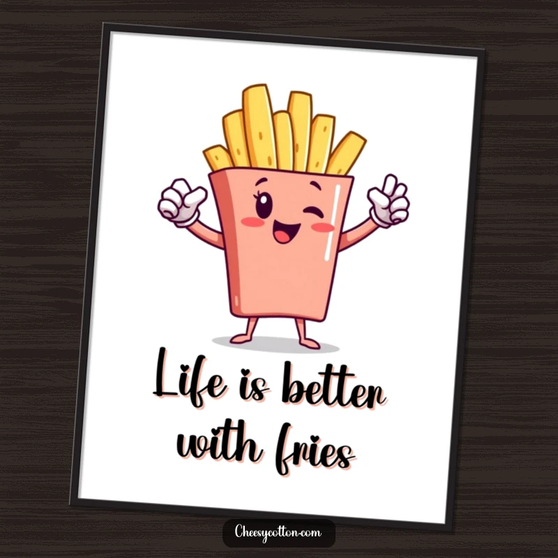Funny free printable wall art depicting a determined french fry character striking a classic superhero pose, ready to leap into action.