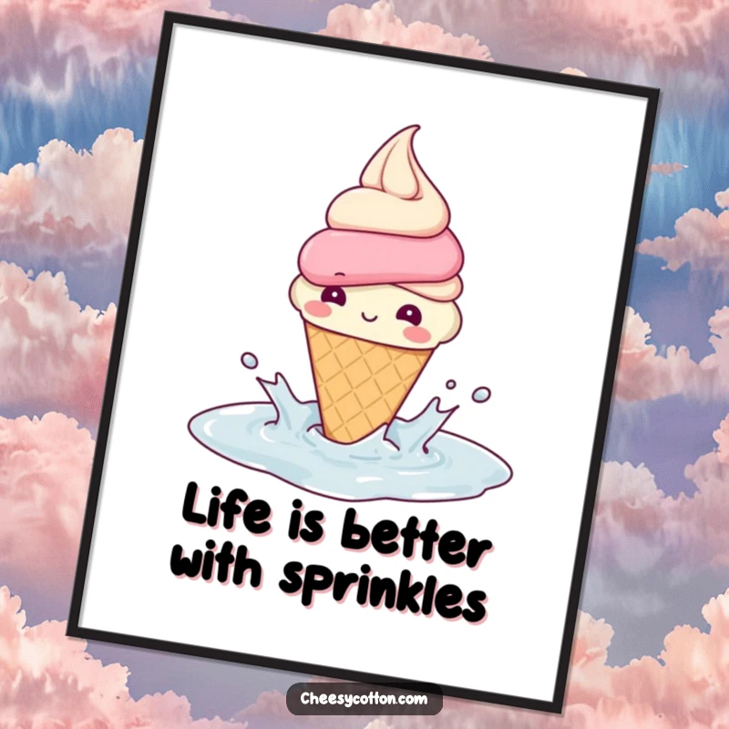 Funny Free Printable Wall Art: A beaming ice cream cone joyfully splashing in a puddle, adding whimsy.
