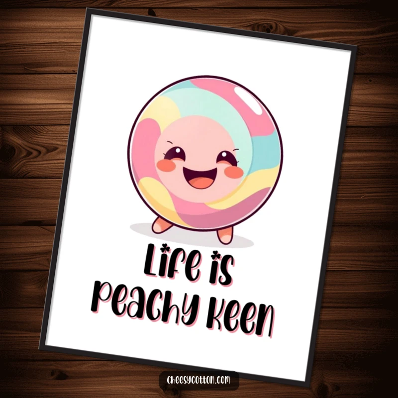Funny Free Printable Wall Art of a happy, round candy merrily rolling along with a huge, contagious smile.