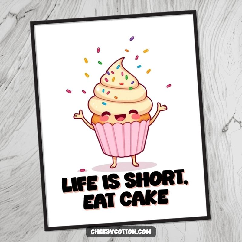 Funny free printable wall art featuring a whimsical cupcake character skillfully juggling a dazzling array of colorful sprinkles in mid-air.