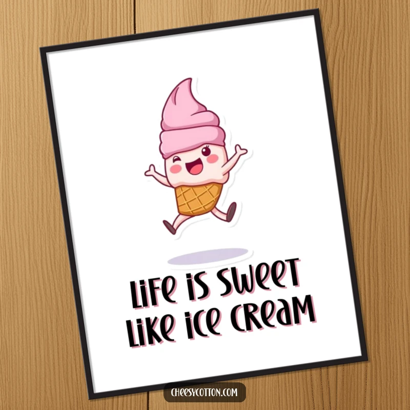Funny free printable wall art showcasing a cute ice cream cone character performing a dynamic cartwheel, with sprinkles scattering.