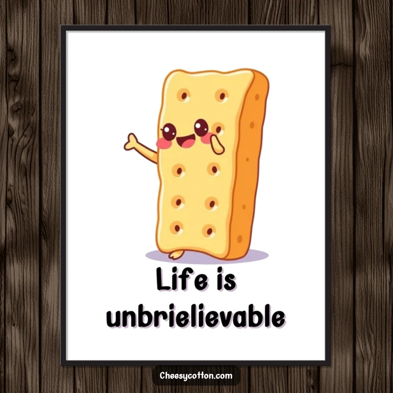 Funny Free Printable Wall Art of a cheesy cracker in a state of gleeful balance on its pointy corner, radiating joy.