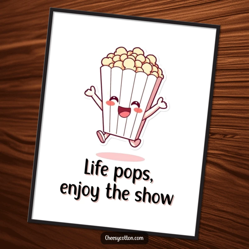 Funny Free Printable Wall Art: A lively popcorn bag character leaping with pure joy, as if excited for a movie.