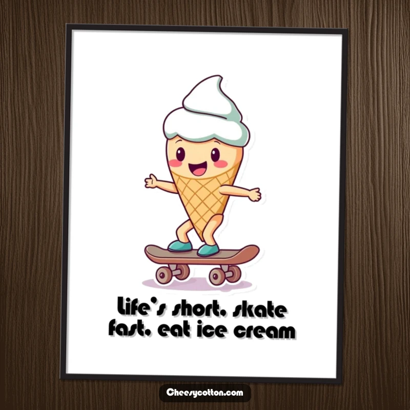Funny Free Printable Wall Art: A cheerful ice cream cone character confidently riding a skateboard with a smile.