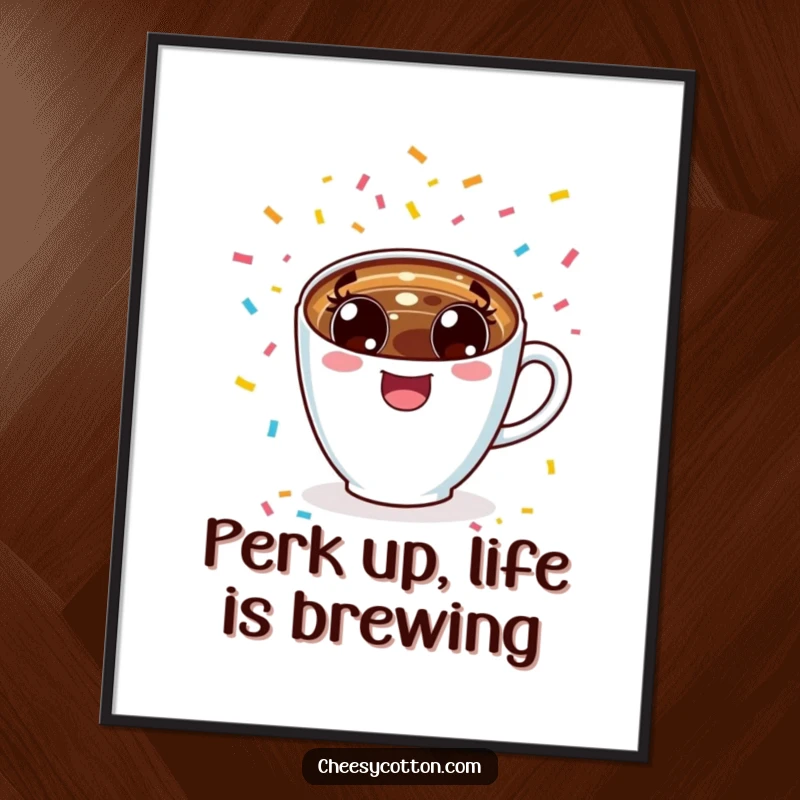 Funny Free Printable Wall Art: Kawaii coffee cup with huge excited eyes cheering joyfully surrounded by colorful confetti.