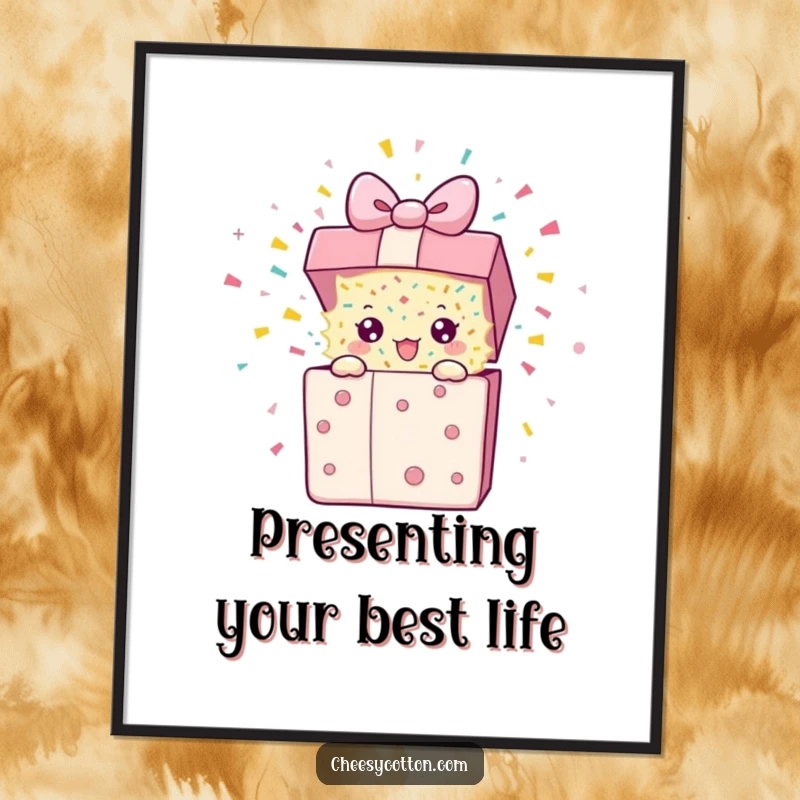 Funny free printable wall art featuring a vibrant gift box character joyfully blasting confetti, adding a humorous touch to any room.