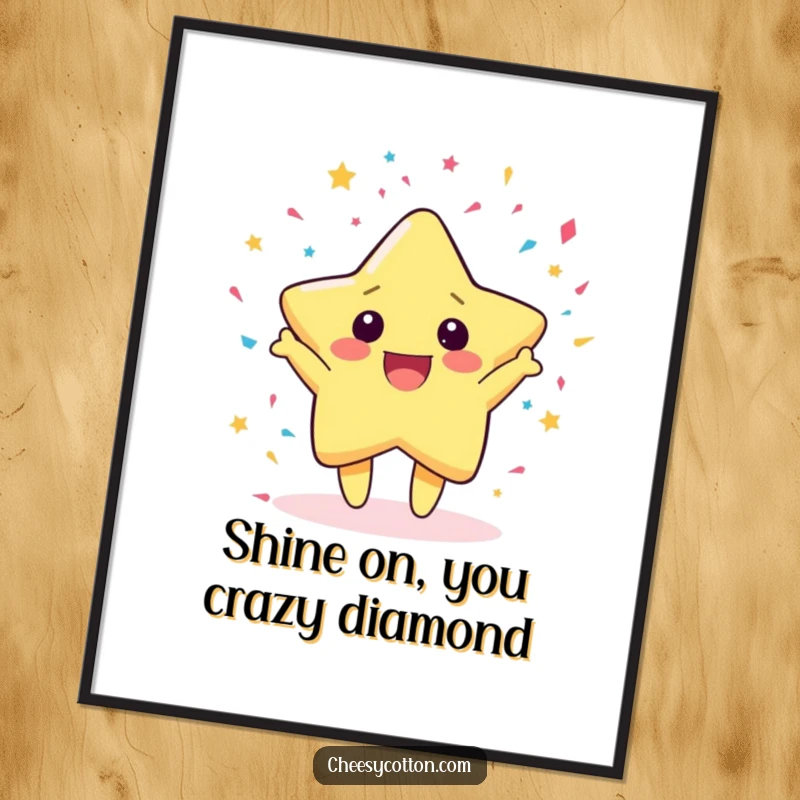 Funny free printable wall art depicting a kawaii star character gleefully throwing a dazzling stream of confetti.